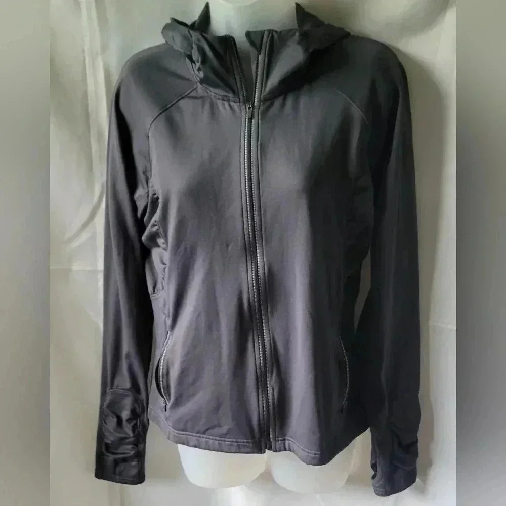 Athleta Grey Workout Athletic Zip Hoodie Jacket With Back Pocket Size Medium